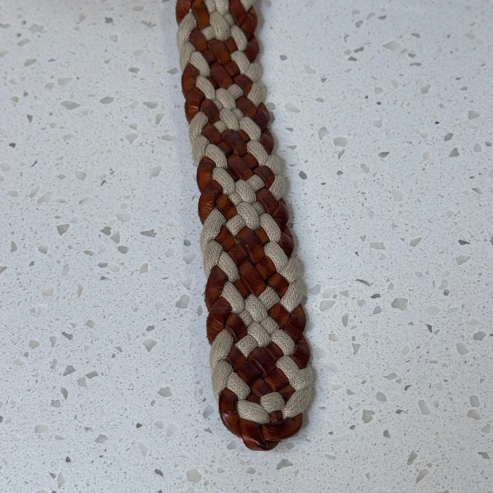 Pikolinos Brown Leather Beige Woven Braided Belt Size 95 Casual Boho Adjustable